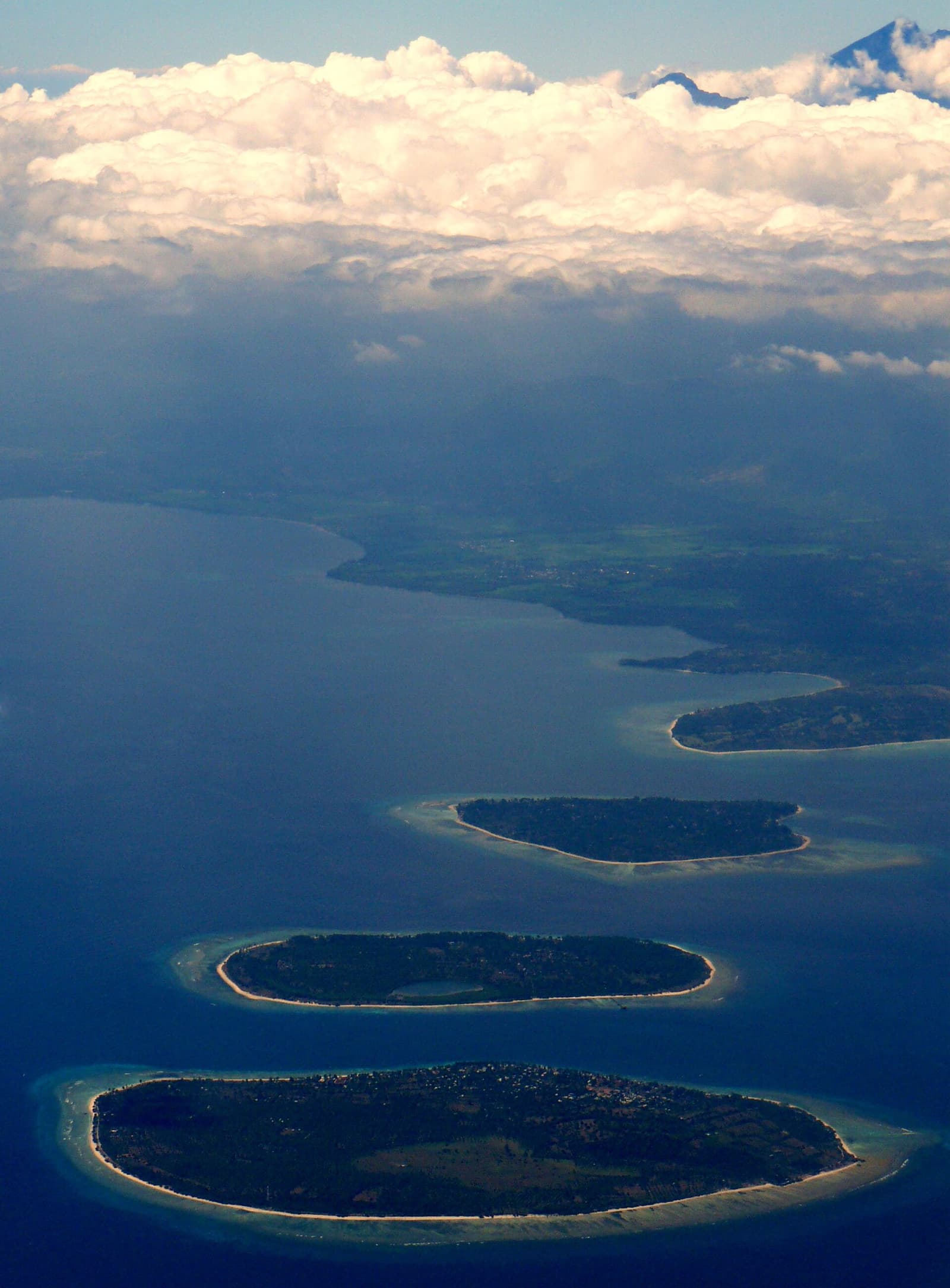 Aerial view of Gili Air, Gili Meno and Gili Trawangan off the coast of Lombok